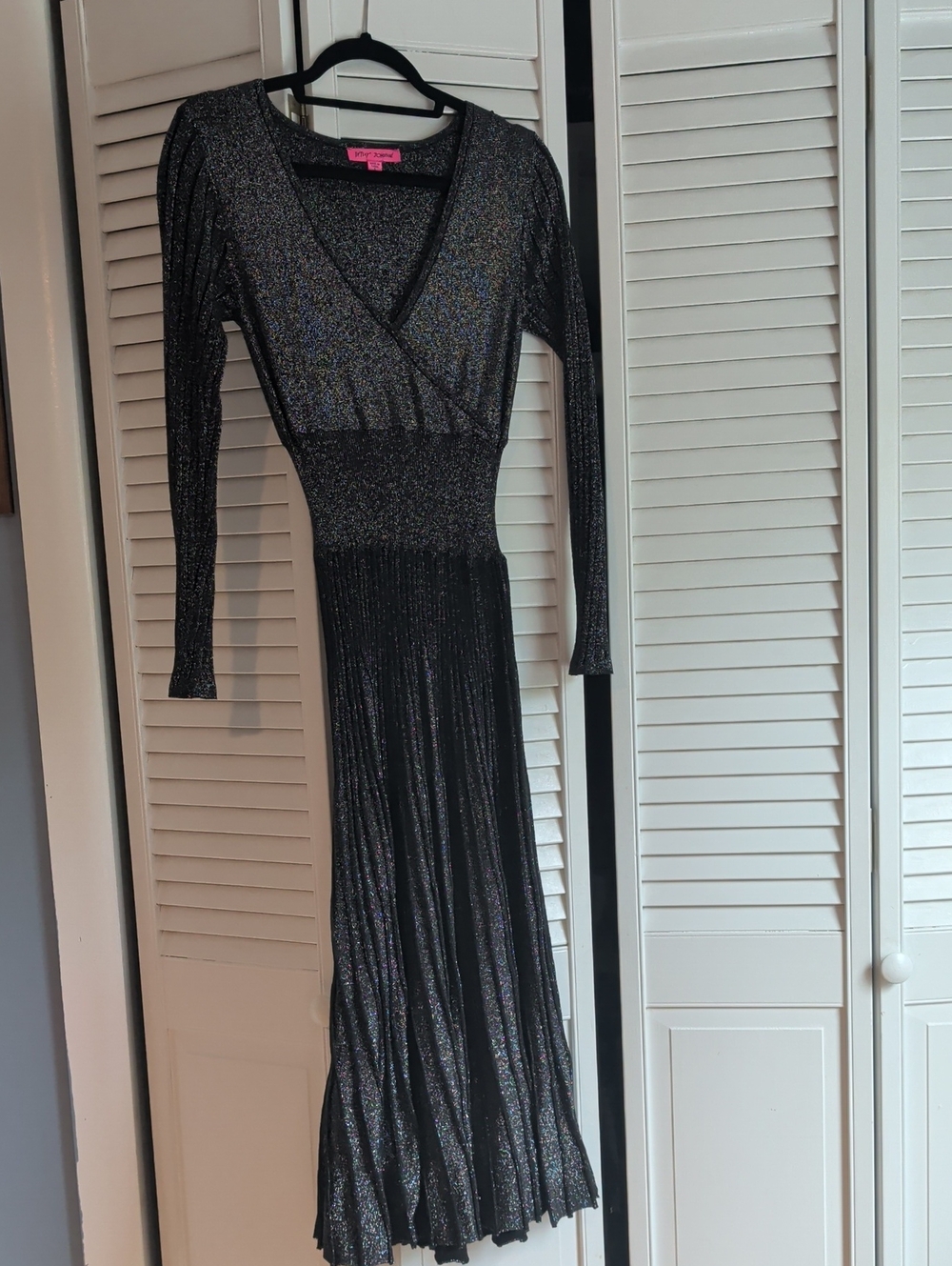 Betsey Johnson Sparkle Long Sleeve Wrap Maxi Dress - Black